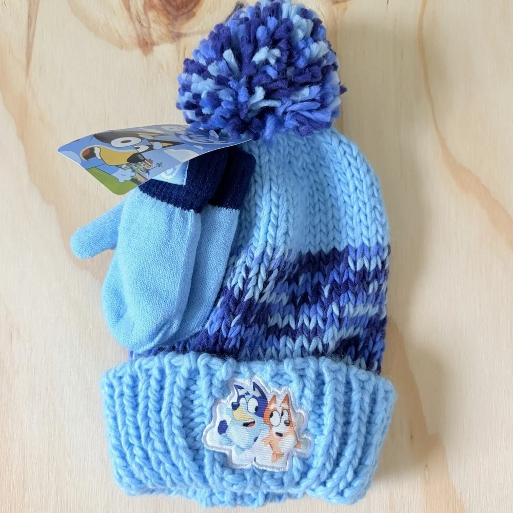 Bluey & Bingo Figures Hat Knit Pom Pom Toddler 2T-5T  THICK Beanie Mittens